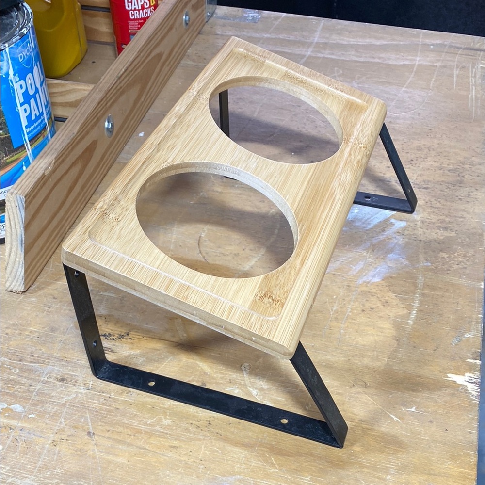 Wooden Pet Bowl Stand with Black Metal Legs